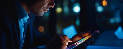 Professional male reviewing data on tablet at night urban environment photo