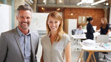 Successful business professionals smiling in modern office environment photo