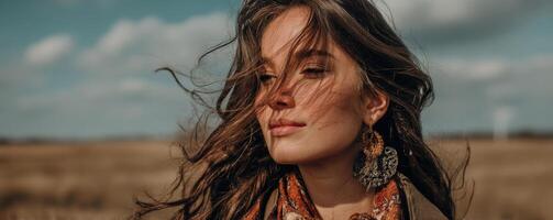 Serene woman with boho accessories open field lifestyle natural light photo