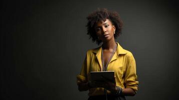 Professional black woman holding digital tablet in studio setting. photo