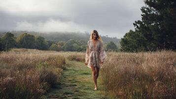 Peaceful bohemian fashion portrait in rural landscape photo