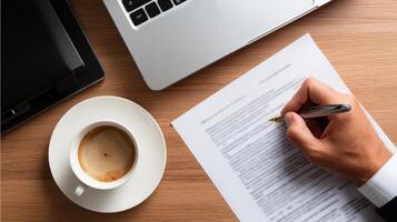 Overhead business hand writing document in office environment photo