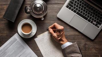 Businessman signing document overhead view office environment photo