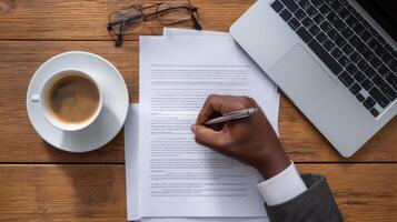 Businessman writing notes overhead view office workspace professional photo