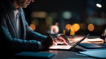 Businessman working late at night with tablet and notepad photo