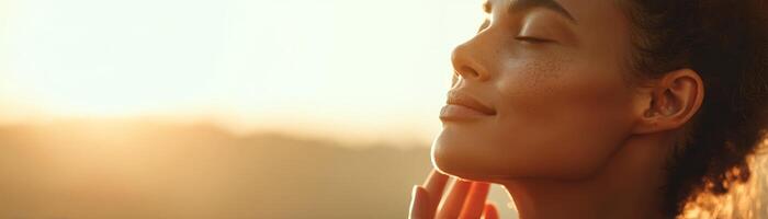 Natural skincare routine outdoor setting woman glowing in sunlight photo
