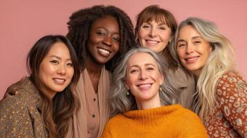 Multicultural women smiling together in studio joyful atmosphere photo