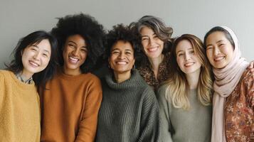Multicultural women smiling together in studio positive vibe photo