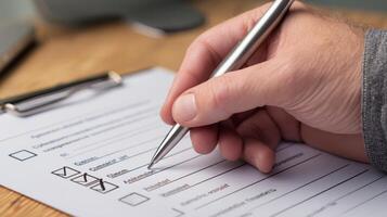 Checklist confirmation by hand office desk minimal scene close-up photo