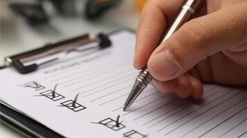 Hand checking off a checklist at office desk productivity focus photo