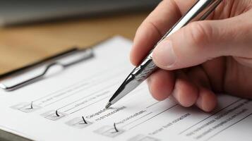 Business hand checking checklist at desk minimalist office setting photo