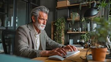 Mature man typing in tranquil office digital workspace focused atmosphere photo