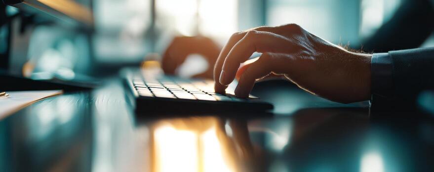 mecanografía en moderno teclado con reflexión oficina ajuste de cerca foto