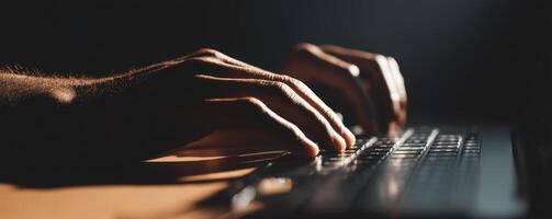 Hands typing on sleek keyboard in dark room tech reflection photo