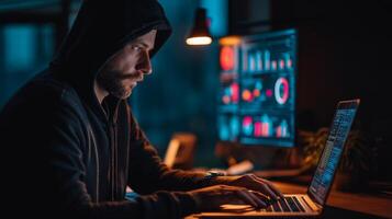 Cybersecurity analysis by man in dark hoodie at home office photo
