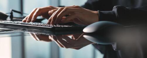 Person typing on sleek keyboard with reflection in modern office photo