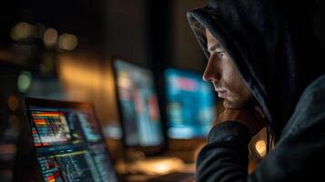 Cybersecurity analysis by man in hoodie tech environment night view photo