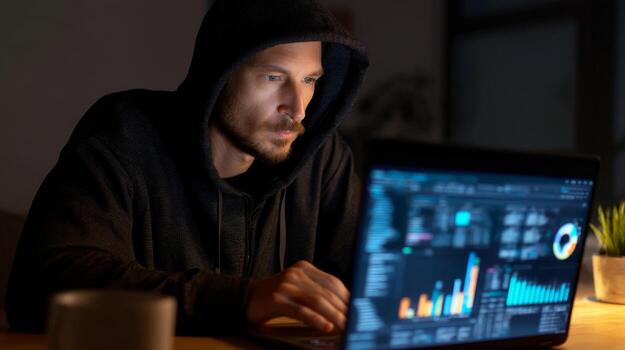 Man analyzing data on laptop in dark hoodie cybersecurity focus photo