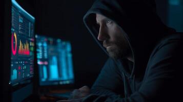 Data analysis by man in dark hoodie cybersecurity digital environment photo