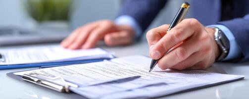Executive signing project forms in office environment business focus photo