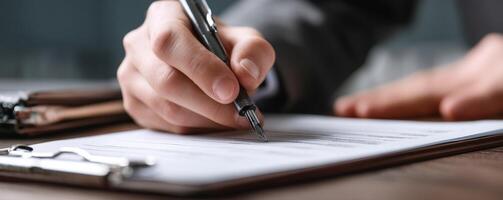 Male executive signing project form in modern office photo