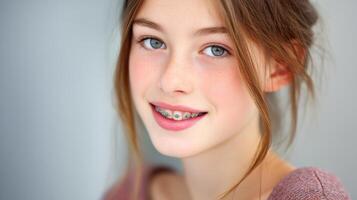 Smiling girl with clear braces portrait indoor close-up confidence photo