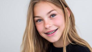 Smiling girl with clear orthodontic braces studio portrait bright photo