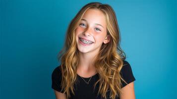 Smiling girl with clear orthodontic braces studio portrait blue background photo