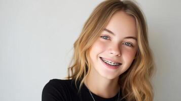 Smiling girl with clear orthodontic braces studio portrait bright close up photo