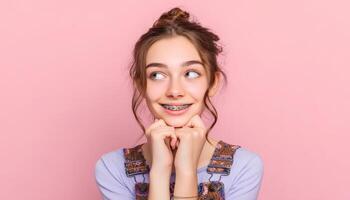 Cheerful teenage girl with braces studio portrait pink background photo