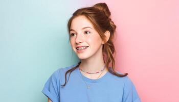Cheerful teenage girl with braces studio setting portrait bright background photo