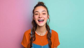 Cheerful teenage girl with braces studio background portrait happy mood photo