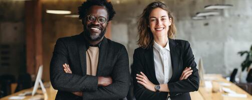 Inclusive business teamwork happy executives in office setting photo