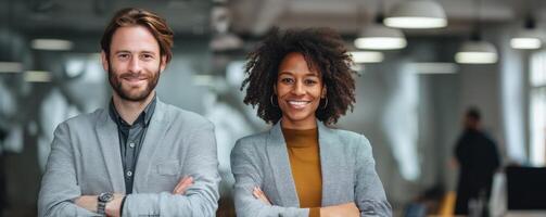 Inclusive business executives smiling in modern office environment photo