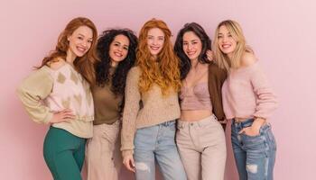 Cheerful group of friends posing together in studio portrait style photo