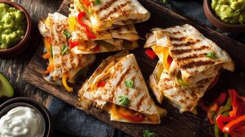 Aerial food photography grilled chicken quesadilla delight photo