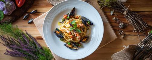 Gourmet linguine with mussels and shrimp elegant food photography photo