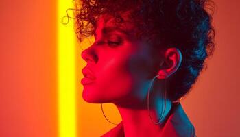 Glamorous woman with curls in high-intensity light studio portrait photo