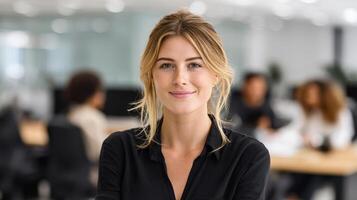 Businesswoman smiling in modern office photo