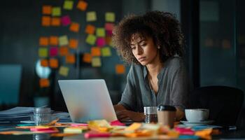 Focused female professional developing business plan in office space photo