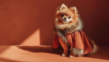 Fluffy pomeranian in luxurious coat indoor studio pet photography photo