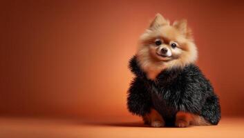 Fluffy pomeranian in couture coat studio pet photography indoor close-up photo