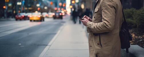 Candid moment of man texting on smartphone in urban setting photo