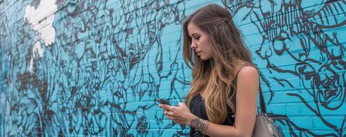 Candid moment of woman with long hair checking messages urban setting photo