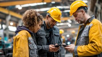 Workers' candid conversations in noisy industrial environment photo