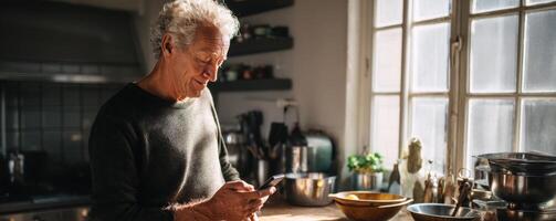 Senior man enjoying calm moment browsing phone in kitchen. photo