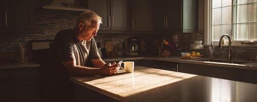 Senior man enjoying calm moment browsing phone in kitchen photo