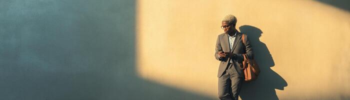 Businessman taking a calm break using phone in urban setting photo