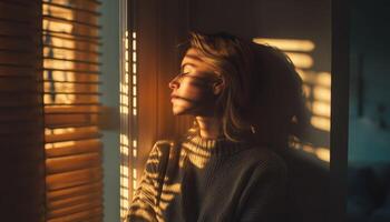 Woman enjoying gentle sunlight at home indoor portrait calm atmosphere photo