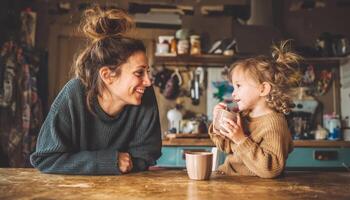Busy mom engaging in conversation with child at home lifestyle warmth photo